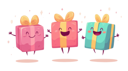 3 cartoon characters gift boxes on white background 