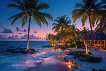 Breathtaking Oceanfront Paradise at Twilight with Lush Tall Palm Trees