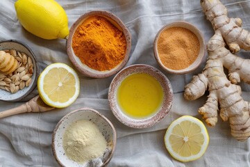 still life of natural wellness ingredients: turmeric, ginger, lemon, honey, in ceramic bowls on linen cloth, top view, flat l