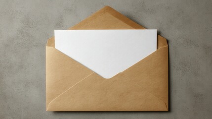 A blank white card on top of a beige envelope
