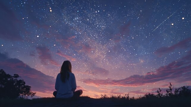 woman looking at the night sky wishing upon a falling star