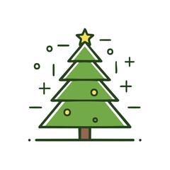 Fototapeta premium Festive Christmas Tree Icon with Star, Decorations, and Geometric Shapes in Cute Cartoon Style