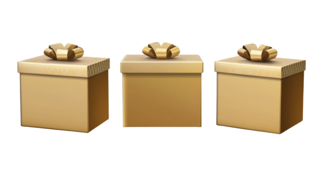 three golden gift boxes on white background 