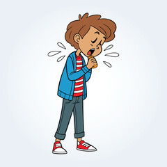An illustration of a boy coughing and wearing a blue shirt