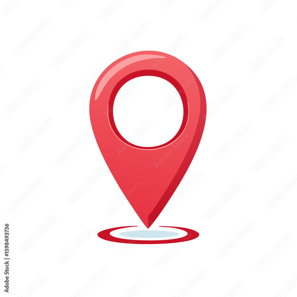 Poster red map pointer icon indicating location point on a route with shadow