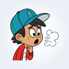 An illustration of a boy coughing and wearing a red shirt and a blue cap
