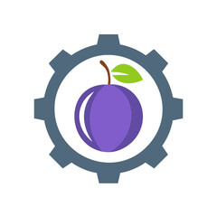 Creative graphic of gear machinery with a plum inside representing a food industry and technology, engineering and healthy eating concept