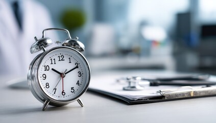 Alarm clock and medical tools on a desk in a clinic