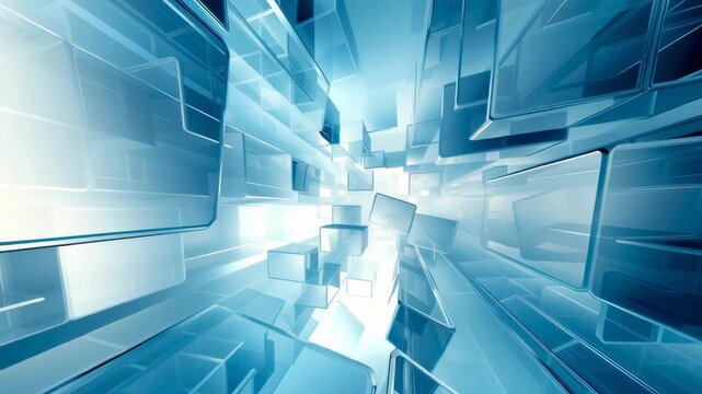 A blue and white image of a room with many blue cubes. The cubes are arranged in a way that creates a sense of depth and space. The room appears to be a modern