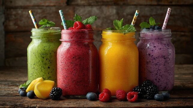 Colorful fruit smoothies on a rustic wooden table.