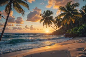 Obraz premium Tropical Island Getaway Sunrise and Sunset Views with Palm Trees and Ocean Waves