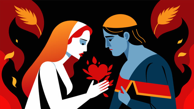 A modern graphic illustration of the tragic end of Romeo and Juliet with bold lines and stark colors conveying the intensity of their love and. Vector illustration