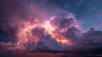 A thunderstorm brews in the evening sky, showcasing vibrant lightning striking through dark, swirling clouds. The intense colors create a dramatic atmosphere above a quiet landscape.
