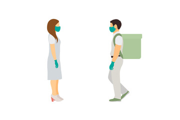 Masked delivery person and recipient maintaining social distance, flat vector illustration.