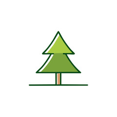 Obraz premium Stylized single evergreen tree with green branches and a brown trunk on the forest floor.