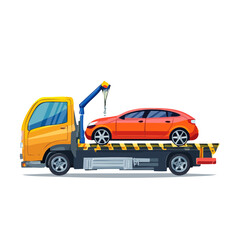 Naklejka premium Tow Truck Transports a Modern Sedan Vehicle; Orange Car on Carrier Bed for Salvage or Recovery
