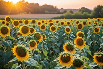 Obraz premium Golden Hour Serenity in a Colorful Sunflower Field Surrounded by Nature's Beauty
