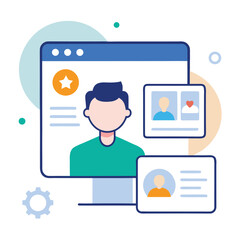 Online portfolio review with user profile and feedback elements isolated on white background