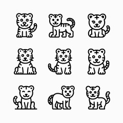 Cute tiger cub icons set isolated on white background