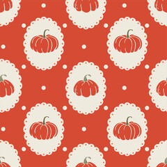 Vintage orange Seamless pattern with pumpkins with polka dots. Designe for print, fabric, wallpaper, wrapping paper