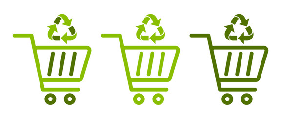 Green Shopping Cart with Recycle Symbol Icon, Eco Friendly Consumption Illustration, Sustainable Shopping Concept, Environment Care Graphic, Minimal Flat Design for Stock Vector and Print.