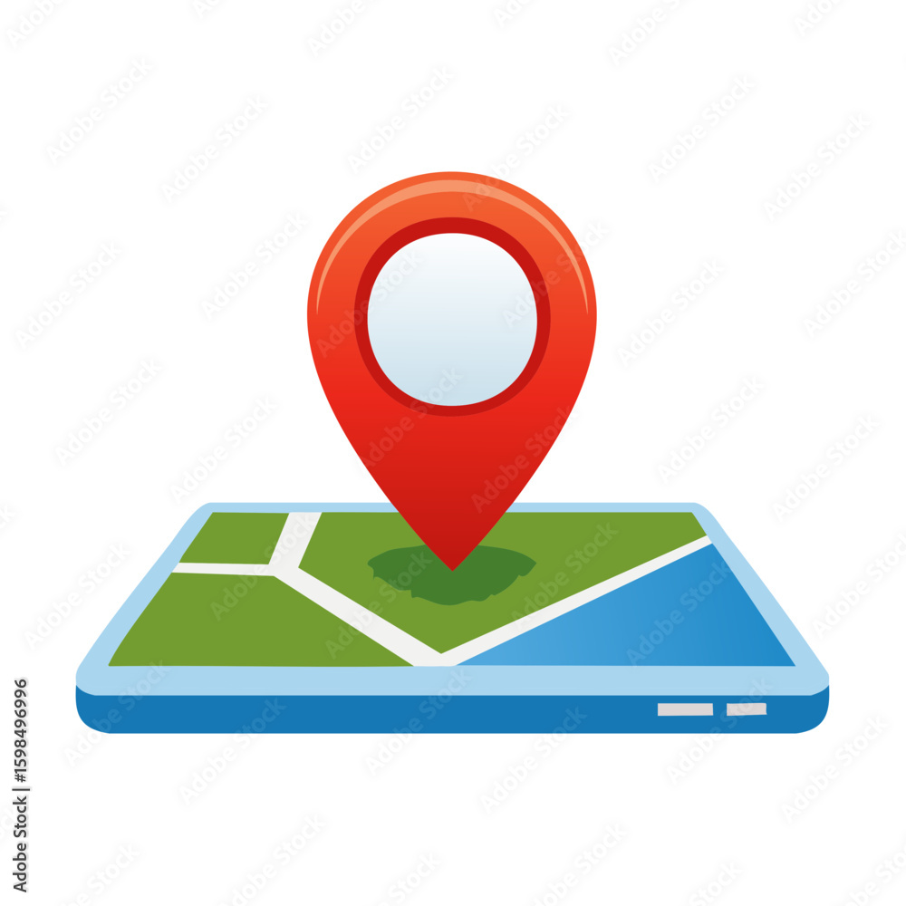 Poster red map pointer over tablet showing map, directions and navigation concept