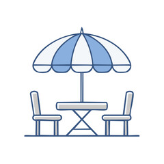 Patio dining set with umbrella and chairs, cozy cafe seating illustration