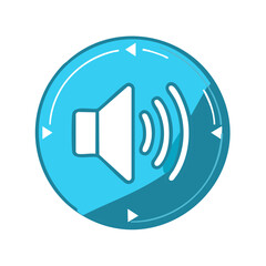 Turquoise circle featuring sound wave icons with directional arrows conveying audio control adjustments and volume changes