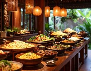 Buffet of Asian food in a warm setting