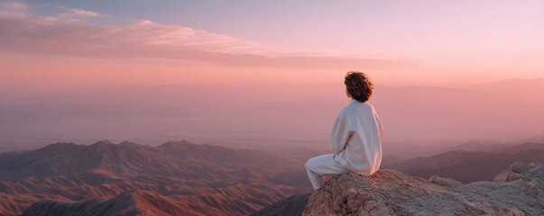 Serene scene of a woman on a mountaintop at sunrise, seeking peace and reflection. Great for travel, mindfulness, adventure, and wellness campaigns. Contemplative spirit.
