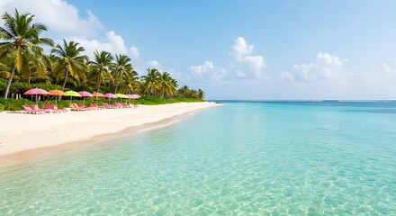 Fototapeta premium Idyllic tropical beach with colorful umbrellas, white sand, and crystal-clear turquoise water.