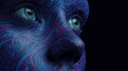 Digital human face with abstract patterns in blue and purple against dark background.