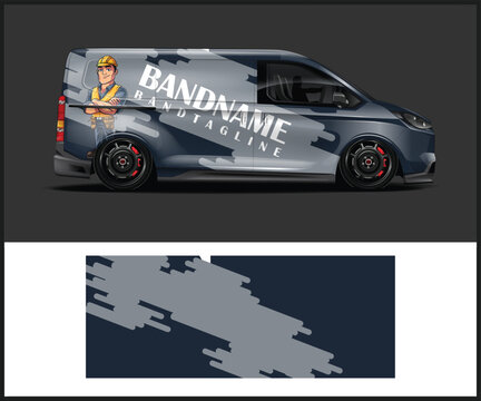 Van Wrap Design Featuring Cartoon Construction Worker and Modern Geometric Pattern