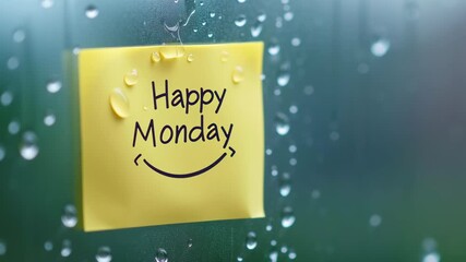 A yellow sticky note with the words Happy Monday written on it. The note is hanging on a window with raindrops on it