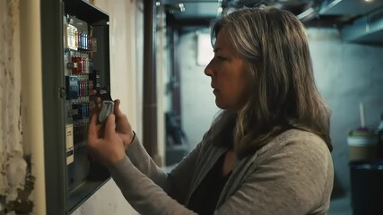 Woman Troubleshooting Electrical Panel in Basement