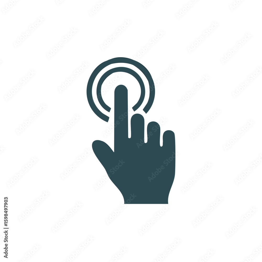 Poster finger touching a circle on a touchscreen, hand gesture interacts with user interface, pointer indic