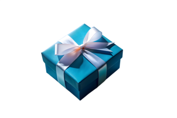 A vibrant teal gift box adorned with a shimmering white ribbon and a perfectly tied bow sits isolated against a stark white