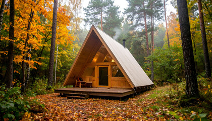 Autumn Aframe Cabin in Forest.