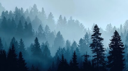 Obraz premium Silhouettes of Pine Trees in a Foggy Forest