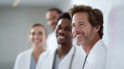 Diverse medical team portrait. Smiling doctors and nurses show teamwork, innovation, patient care. Healthcare, hospital, hope, professional success visual.