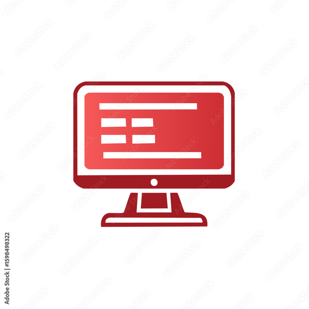 Poster red computer display with line text interface, electronic equipment, office design and digital moder