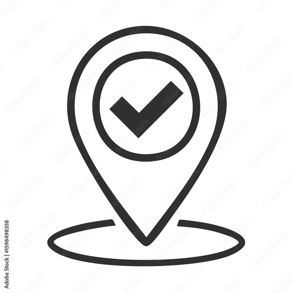 Poster location marker symbol with check mark, pointer icon with accepted sign, geo positioning and approva