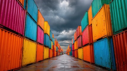 Fototapeta premium Rows of brightly colored shipping containers create a striking pattern against a backdrop of dark, stormy clouds. The scene is set in a busy industrial area where these containers are a common sight.