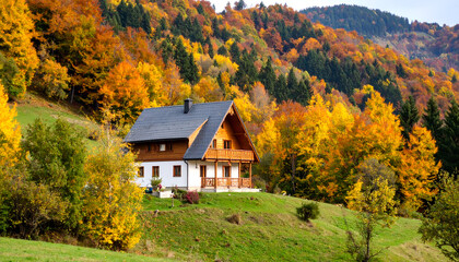 Autumn Cabin with Mountainside, and Fall Colors.