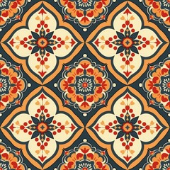 Seamless colorful pattern with red, orange, and blue ornate floral and geometric tile motifs
