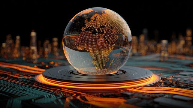 A glowing digital globe made of orange light dots rests on a futuristic circular platform with a blurred cityscape in the background