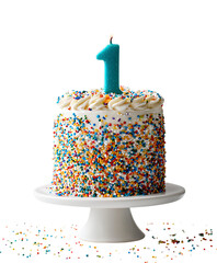 First birthday cake with a single candle.