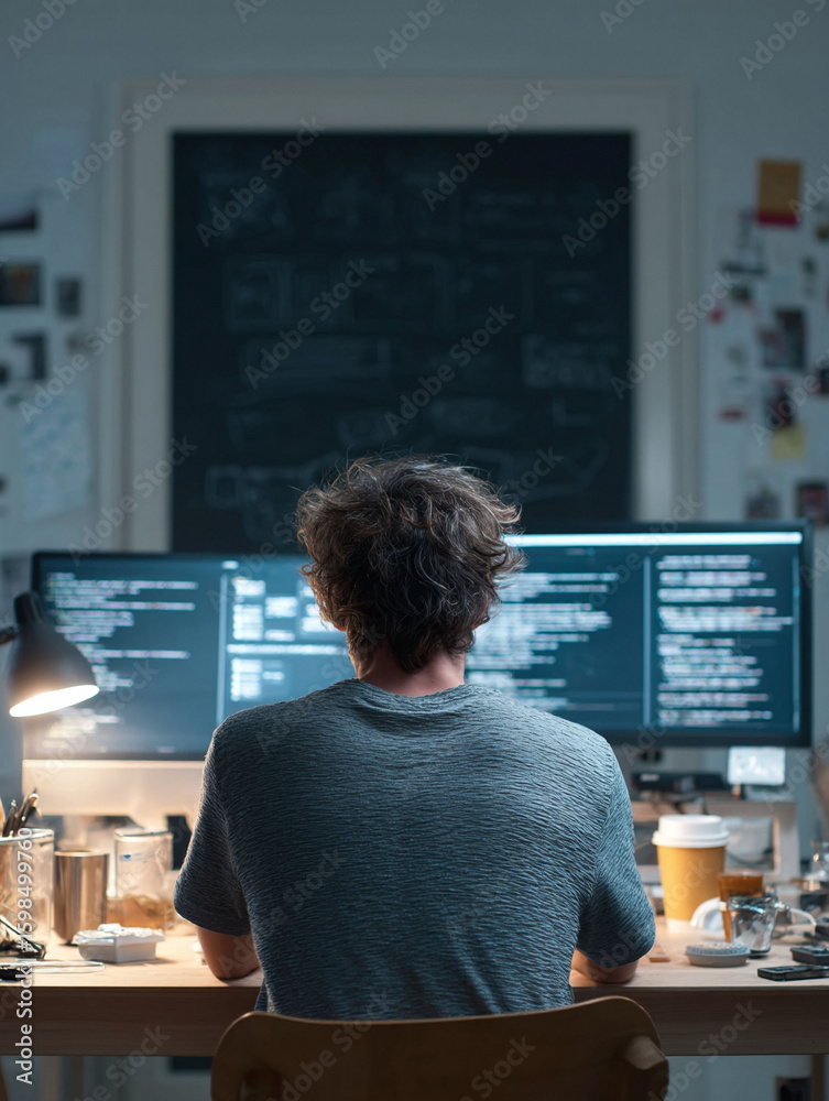 Poster coding late. man at computer, back view, working with code. concept for developers, software, tech, 