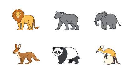 Outlined Cartoon Zoo and Wild Animal Vector Icon Set