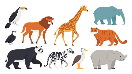 Set of Cute Cartoon Wild Animals and Birds - Vector Illustration